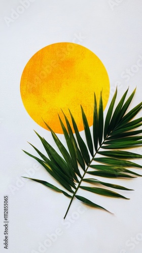 Bright yellow circle with green palm leaves against a white backdrop enhancin...