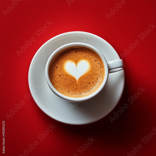 Warm coffee cup with heart shaped foam art on a bright red background in cozy...