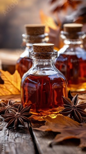 Captivating glass bottles filled with rich amber syrup surrounded by autumn l...