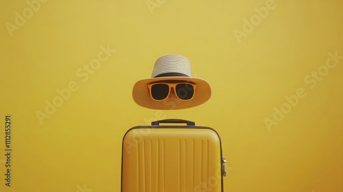 Bright yellow travel gear with sunglasses and hat on a suitcase against a yel...