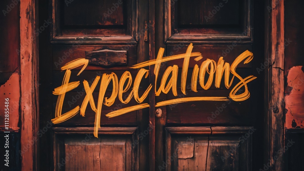 Hand-painted 'Expectations' on Rustic Wooden Door, Abstract Typography Background Hand-painted 'Expectations' on Rustic Wooden Door, Abstract Typography Background