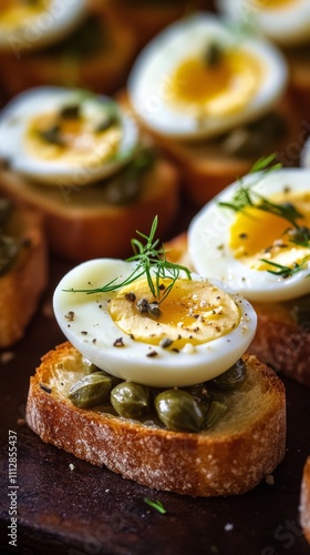 Elegant appetizer made with toasted bread and seasoned boiled eggs garnished ...