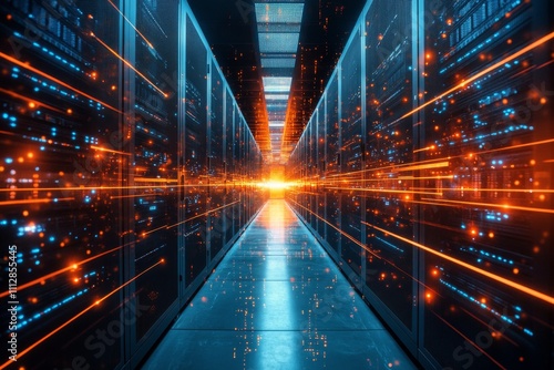 Data center illuminated by vibrant light beams creating a dynamic and futuris...