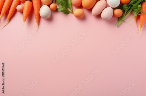 Cute rabbits surrounded by colorful eggs on a soft pink background for spring...