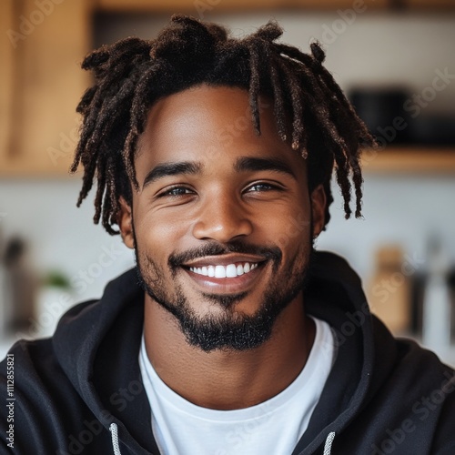 Smiling young man with dreadlocks in a cozy kitchen preparing food