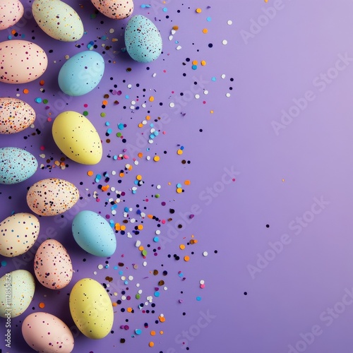 Various pastel colored easter eggs with speckles are arranged on a light purp...