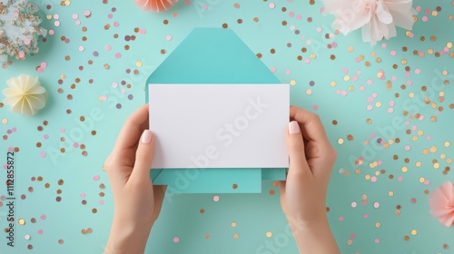 Hands holding a blank card above a turquoise envelope on a festive table