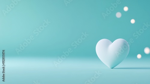 White heart on turquoise background with scattered blurred bokeh lights. Minimalistic romantic design.