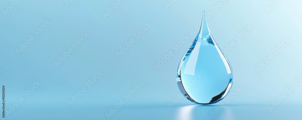 Transparent water droplet standing upright on a light blue gradient background Transparent water droplet standing upright on a light blue gradient background