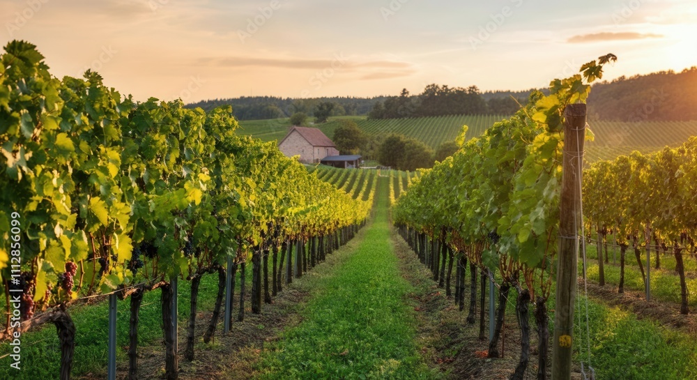 Naklejka premium Serene vineyard landscape at sunset with lush green vines