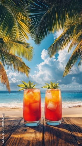 Refreshing tropical cocktails under palm trees by the beach on a sunny day