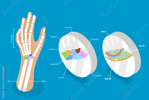 3D Isometric Flat Vector Illustration of Carpal Bones, Anatomy of Human Hand and Wrist
