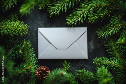 Festive envelope surrounded by pine branches and cones for holiday celebrations