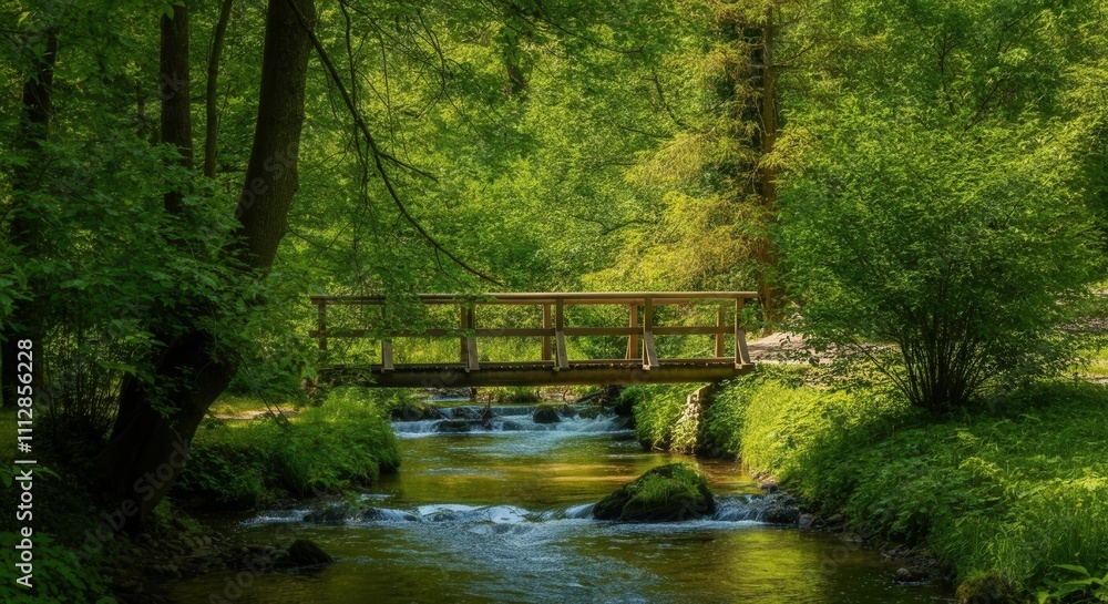 Serene stream with sunlit wooden bridge Serene stream with sunlit wooden bridge