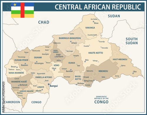 Central African Republic Map Vector Vintage Dark Blue Beige - Customizable layered political map of Central African Republic with administrative divisions for website, education, reports, news