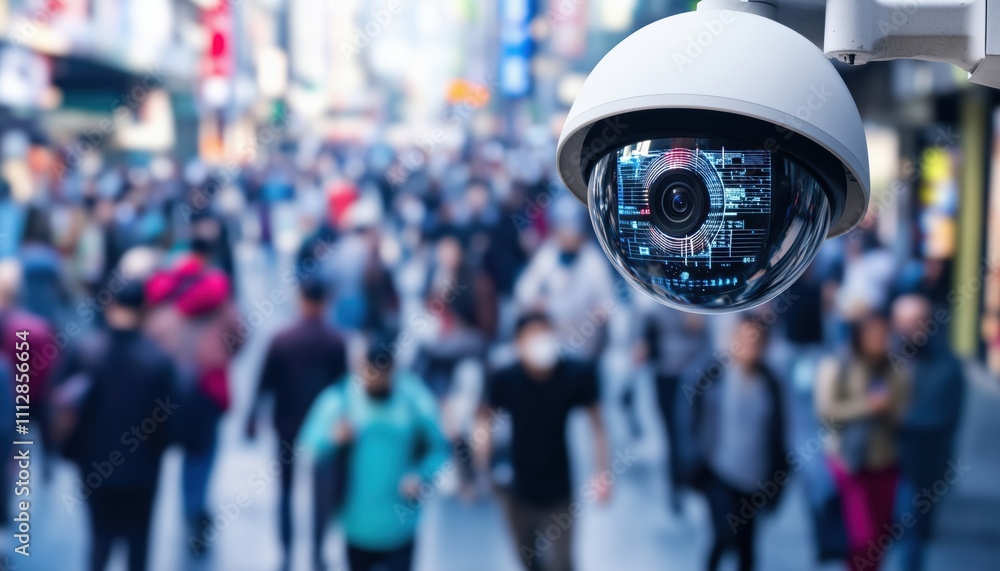 Fototapeta premium Advanced Technology Monitoring: High-Level Security Footage Capturing Urban Crowds With Facial Recognition And Data Analysis In City Streets.