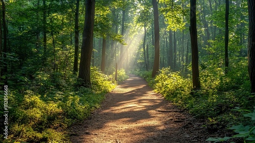 Enchanting forest path illuminated by soft rays of sunlight filtering through the trees