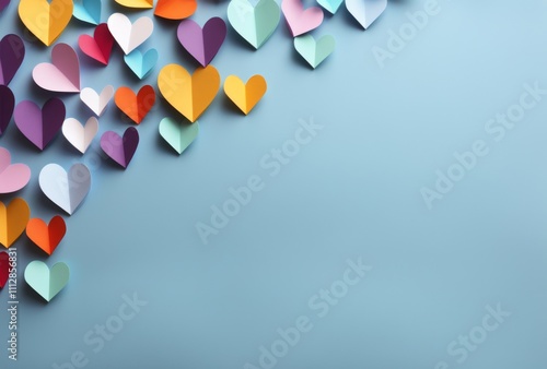 Colorful paper hearts arranged on a blue background create a festive and chee...