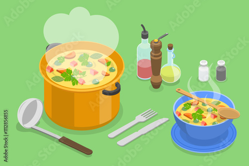 3D Isometric Flat Vector Illustration of Delicious Vegetarian Food , Cooking Soup With Kitchen Tools, Spices, And Serving In A Hot Dish.