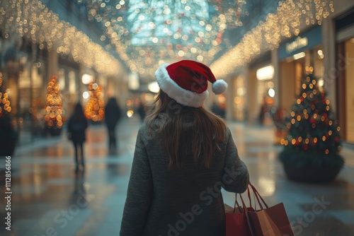 Holiday shopping in a festive market with lights and decorations during winte...