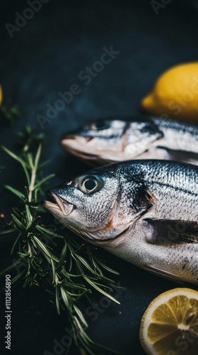 Freshly caught fish arranged with herbs and lemon on a dark background