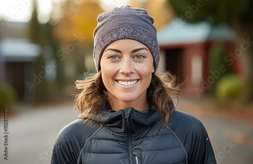Smiling woman wearing warm clothing in outdoor setting during overcast day