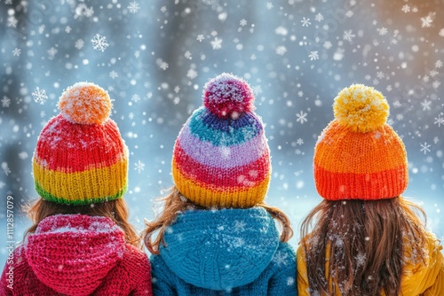 Children enjoy snowy winter day wearing colorful hats while playing in the snow