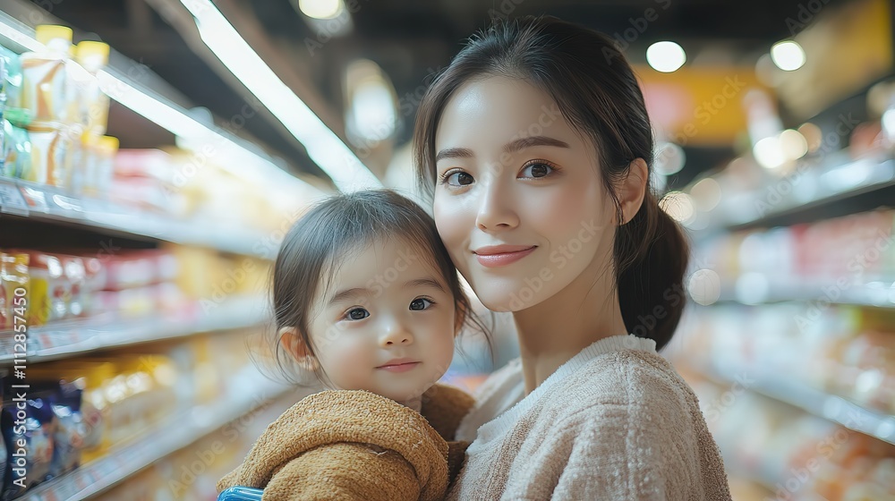 young beautiful mother holding pushing shopping cart with her child in supermarket girl is choosing daily milk product picking up from shelf with her mother beside shopping for health young beautiful mother holding pushing shopping cart with her child in supermarket girl is choosing daily milk product picking up from shelf with her mother beside shopping for health