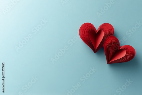 Two handcrafted red paper hearts resting on a light blue background