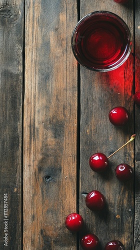 Refreshing cherry drinks served in clear glasses on rustic wooden table with ...
