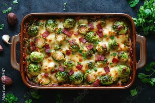 Brussels sprouts baked with cheese and bacon ready for serving at dinner gath...
