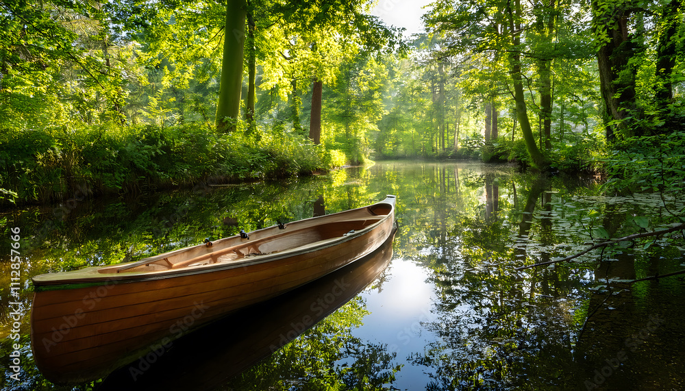 A small wooden canoe gently floats on the calm waters of Spreewald, embraced by vibrant greenery and dappled sunlight filtering through trees. Ideal for relaxation and exploration A small wooden canoe gently floats on the calm waters of Spreewald, embraced by vibrant greenery and dappled sunlight filtering through trees. Ideal for relaxation and exploration