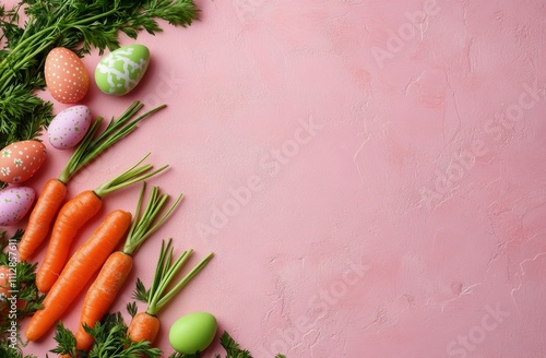 Colorful spring decorations for Easter celebration featuring eggs, carrots, a...