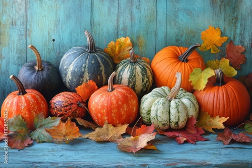 Colorful autumn pumpkins displayed on a rustic wooden shelf surrounded by vib...