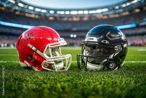 Football helmets resting on the field at sunset in a large stadium