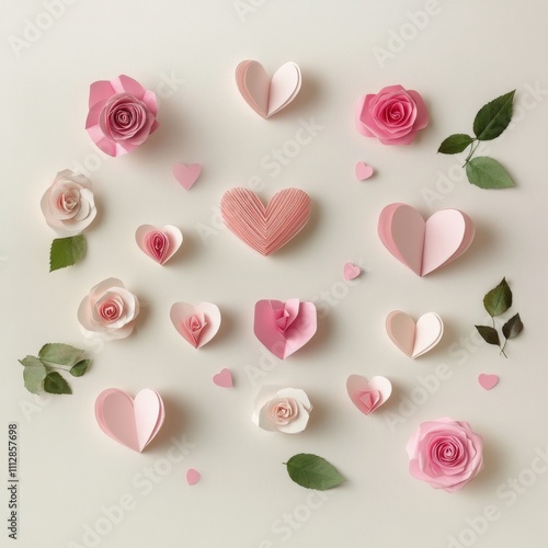 Colorful paper hearts and roses arranged on a light background for decoration...