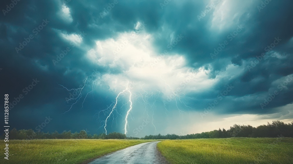 Dramatic lightning storm over a grassy field with a road. Dramatic lightning storm over a grassy field with a road.