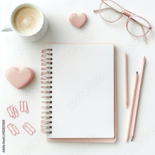 Workspace styled with pink stationery and coffee during a creative planning s...