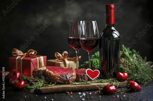 Elegant dinner setting featuring red wine, steak, and gift boxes arranged for...