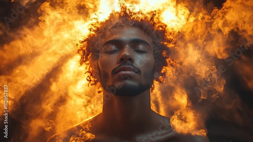 young man praying in the smoke on the background of the rays of the sun worship photo