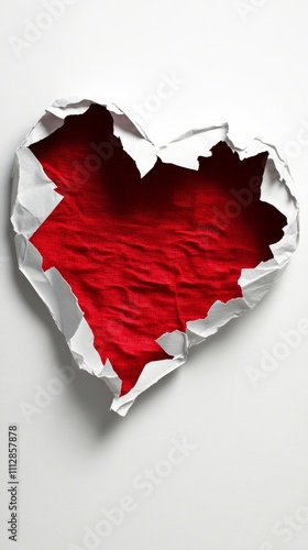 Creative heart shape made from torn paper revealing a red fabric underneath