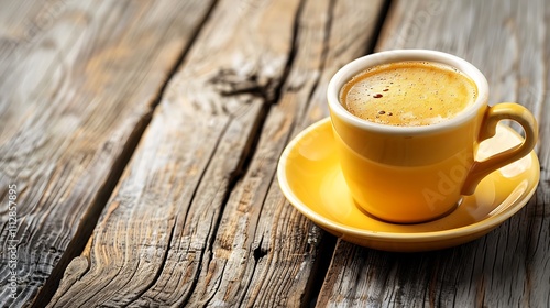 A food and drink banner template featuring a close-up of a freshly brewed cup of coffee on a wooden table