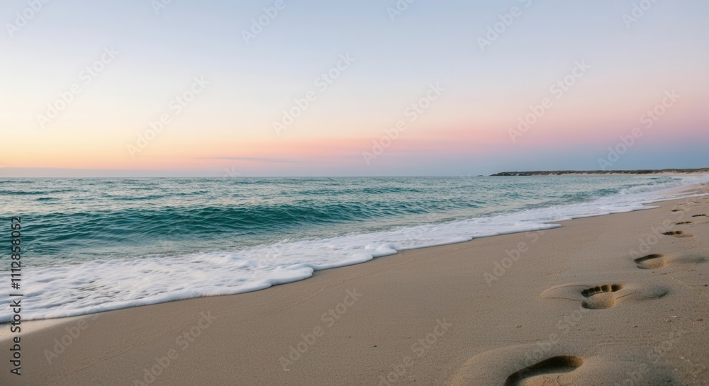 Serene sunset beach with gentle waves footprints in the sand Serene sunset beach with gentle waves footprints in the sand