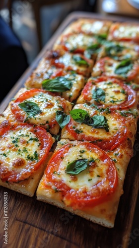 Delicious flatbread pizza topped with fresh tomatoes and basil in cozy setting
