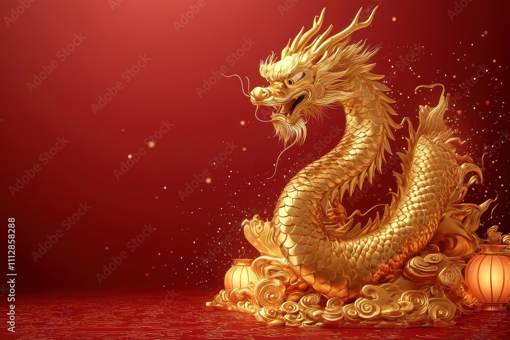 Obraz premium A golden dragon sculpture on a red background, symbolizing prosperity and luck.