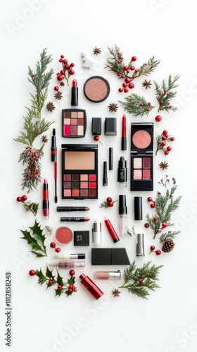 Vibrant makeup collection arranged with seasonal foliage and berries during f...