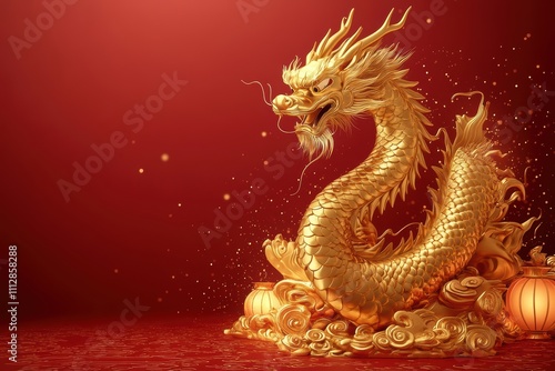 A golden dragon sculpture on a red background, symbolizing prosperity and luck.