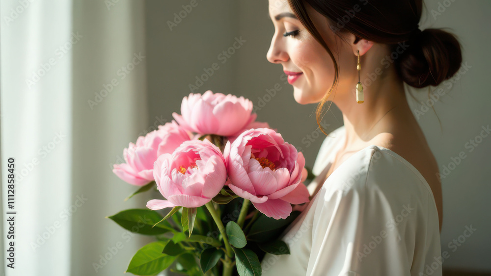 Young caucasian female with pink peonies in elegant setting Young caucasian female with pink peonies in elegant setting