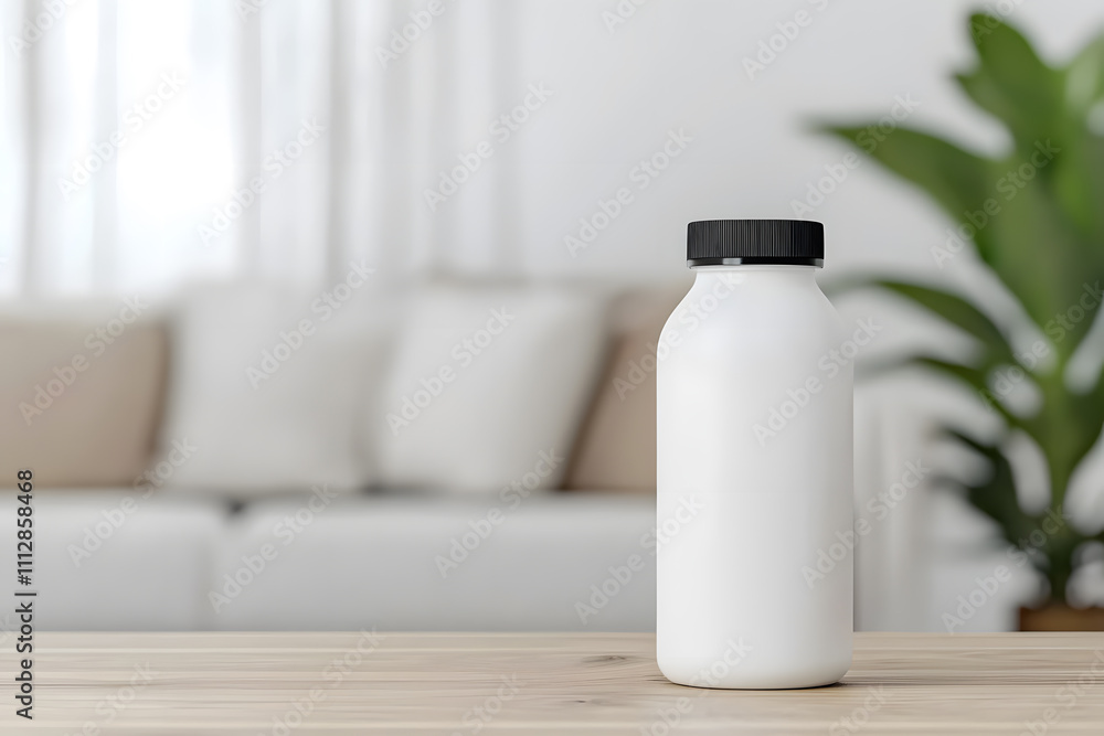 White Milk Bottle on a Wooden Table in a Modern Living Room, Complemented by Sleek Furniture and a Cozy, Contemporary Atmosphere White Milk Bottle on a Wooden Table in a Modern Living Room, Complemented by Sleek Furniture and a Cozy, Contemporary Atmosphere