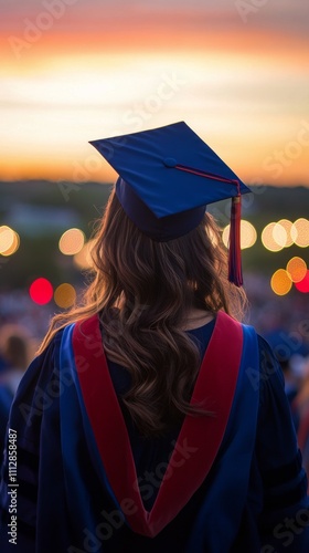 Graduation celebration with graduate in cap enjoying evening with festive lights